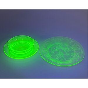Vintage Vaseline Uranium Glass Plate & Bowl Combo Set Depression Glass MCM